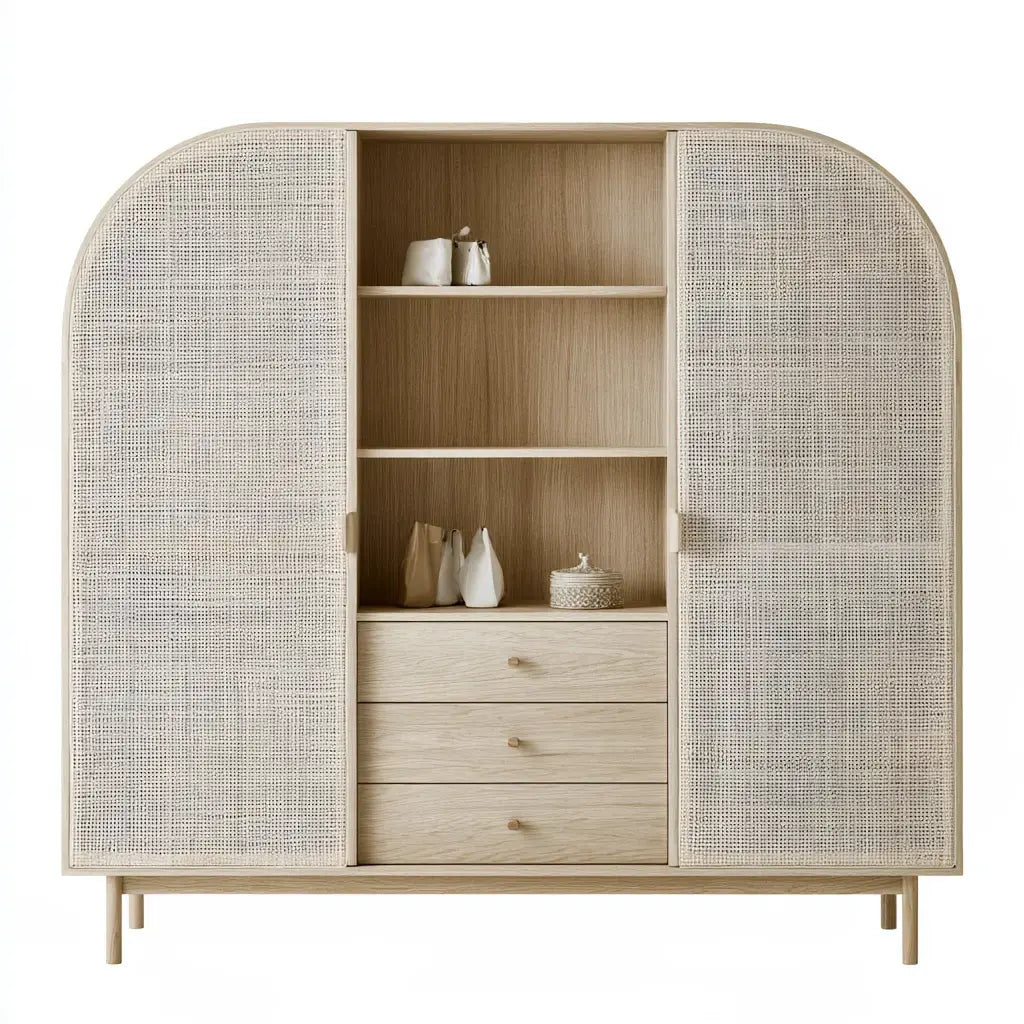 Beige Ovendraq Collections armario with curved grid fronts, modern storage cabinet with stylish design and ventilation.
