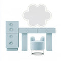Blue floral mirror vanity with side drawer from Ovendraq, featuring a sleek design and decorative floral accents.