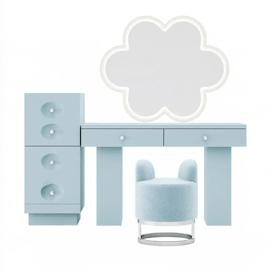 Blue floral mirror vanity with side drawer from Ovendraq, featuring a sleek design and decorative floral accents.