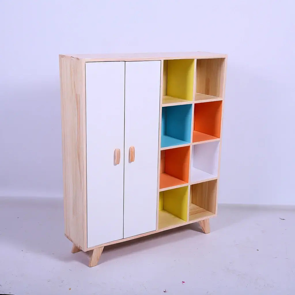 White and pastel-colored collection wardrobe with sleek doors and colorful open niches, by Ovendraq.