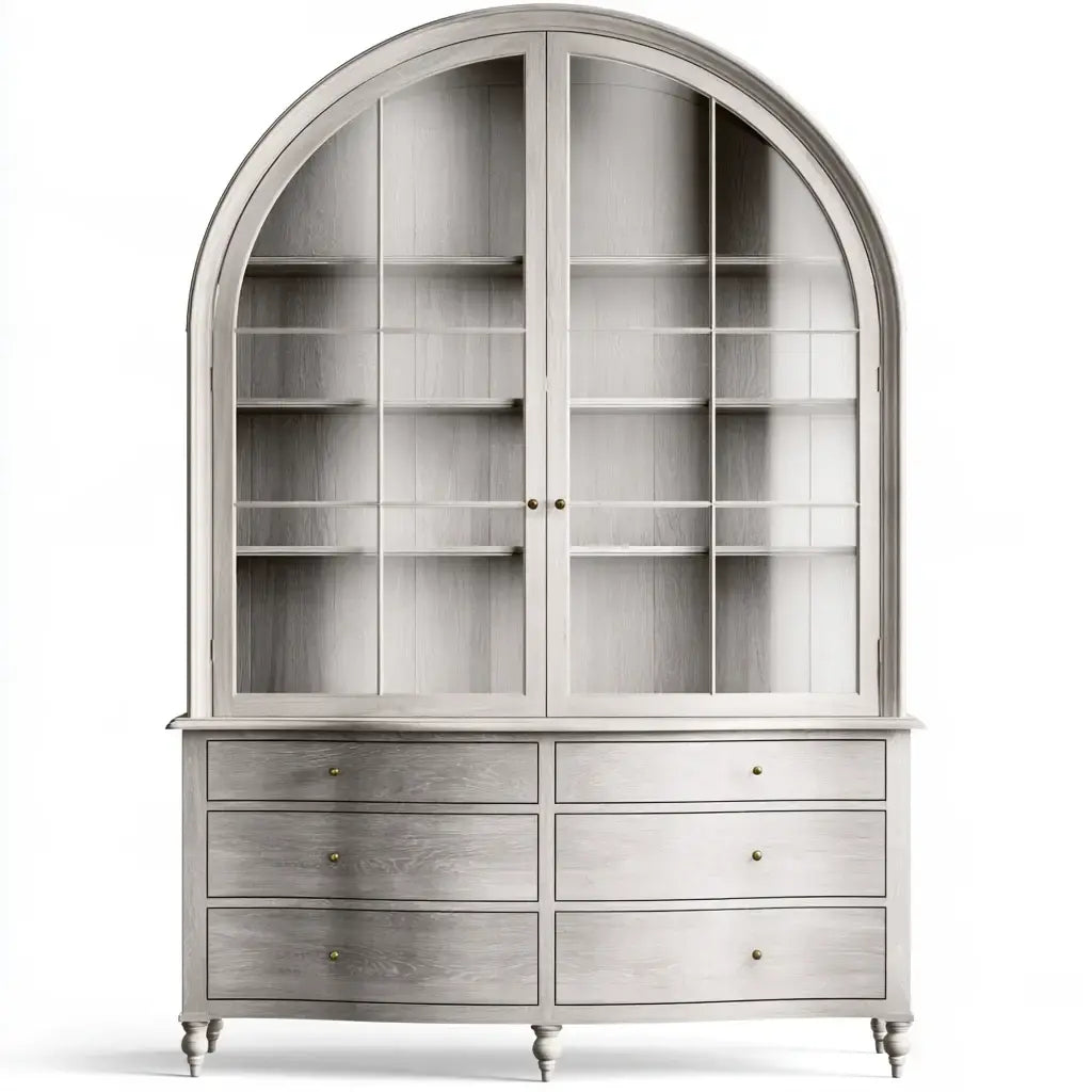Gray collection vitrín with arched top and six drawers, featuring a stylish and functional design from Ovendraq.