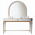 Beige ovendraq vanity table with curved mirror and slim legs, featuring a stylish and modern design.