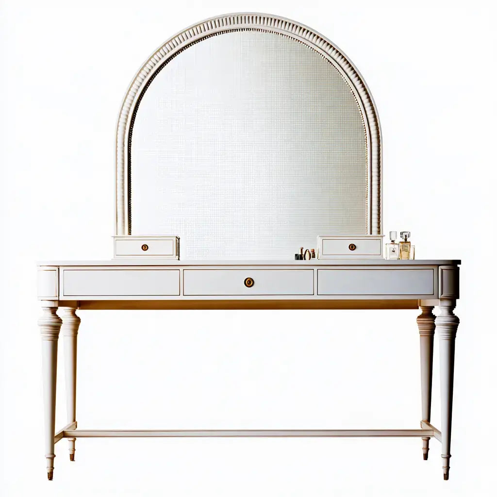 Beige ovendraq vanity table with curved mirror and slim legs, featuring a stylish and modern design.