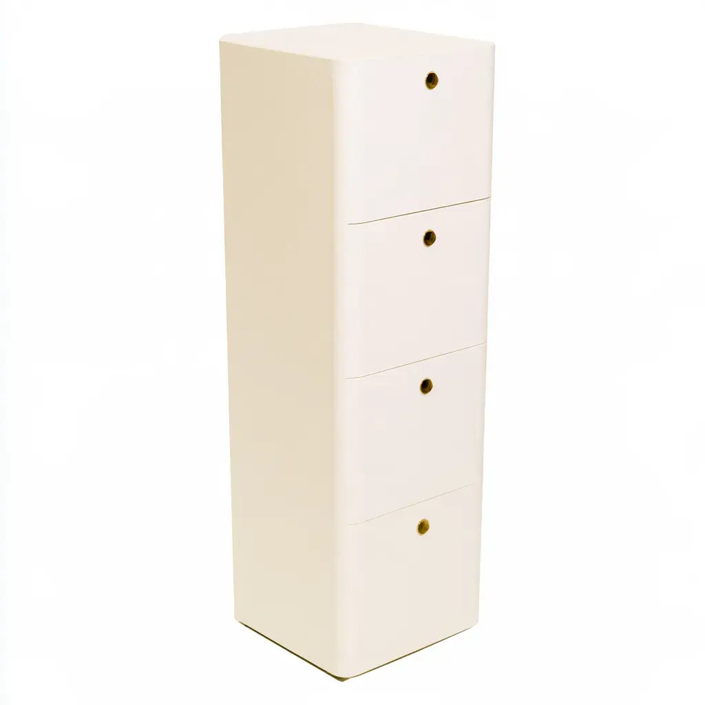 Beige narrow storage cabinet with stacked doors by Ovendraq, featuring a sleek, compact design for organized space.