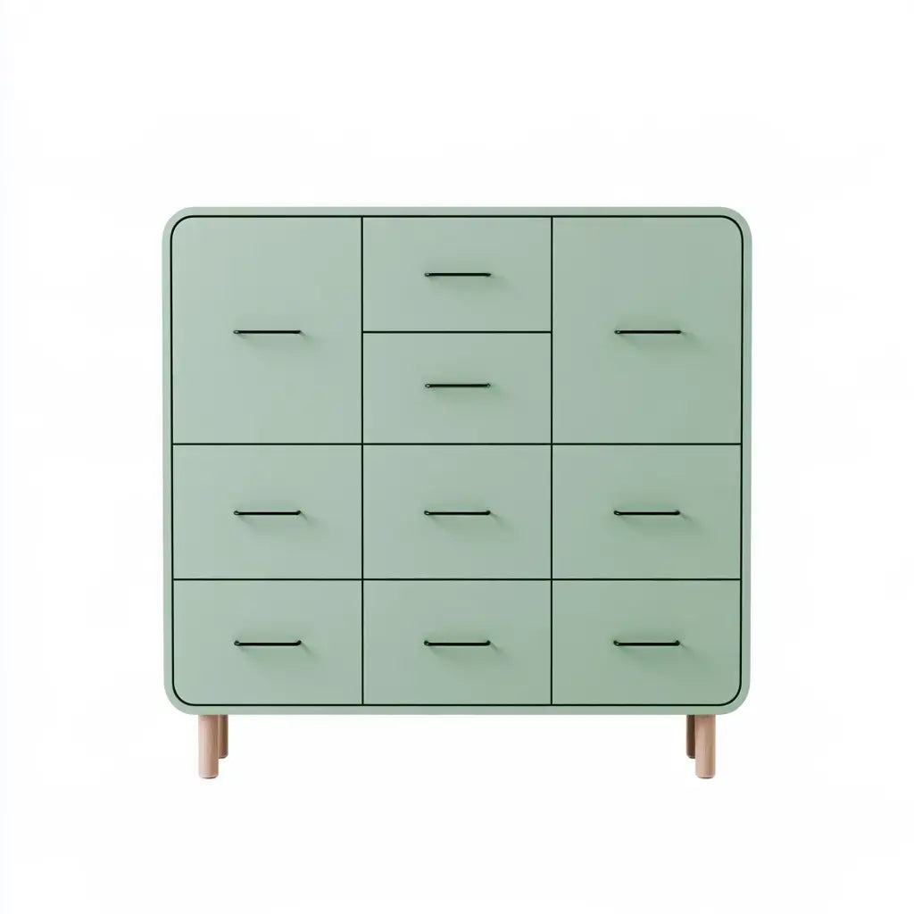 Green Ovendraq dresser with central drawers and side doors, featuring a modern design and sleek storage solution.