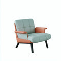 Ovendraq collection armchair with segmented padding and open arms in green and brown upholstery.