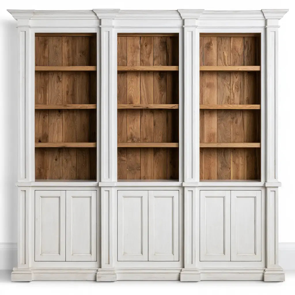 Ovendraq best seller white and brown glass display cabinet with three upper doors and lower panels, showcasing modern storage design.