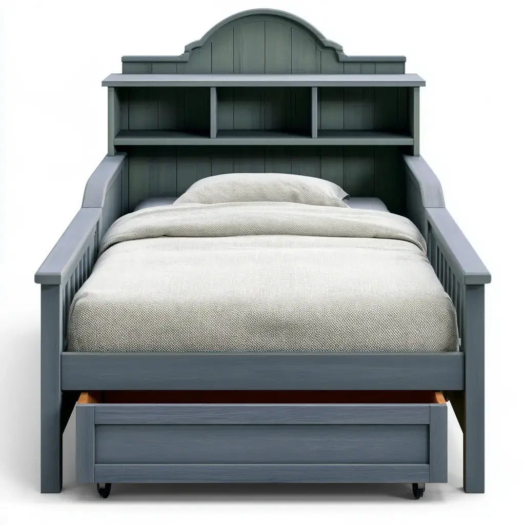 Gray bed with headboard featuring built-in niches and a base with a drawer, part of Ovendraq's Collections furniture line.
