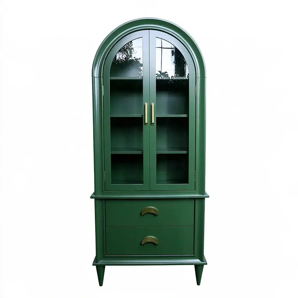 Green narrow display cabinet with an lower drawer by Ovendraq, ideal for stylish storage and showcasing items.