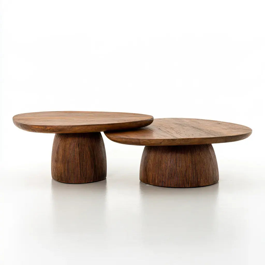 Round coffee tables set by Ovendraq with thick bases and wooden tops, featuring a stylish brown finish.