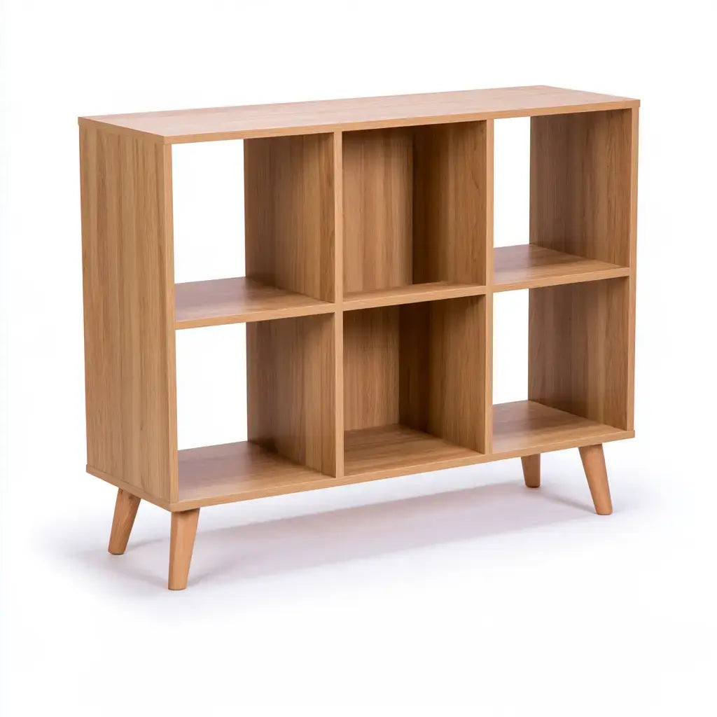 Brown six-compartment open shelving unit from Ovendraq, featuring a modern design for versatile storage and display.