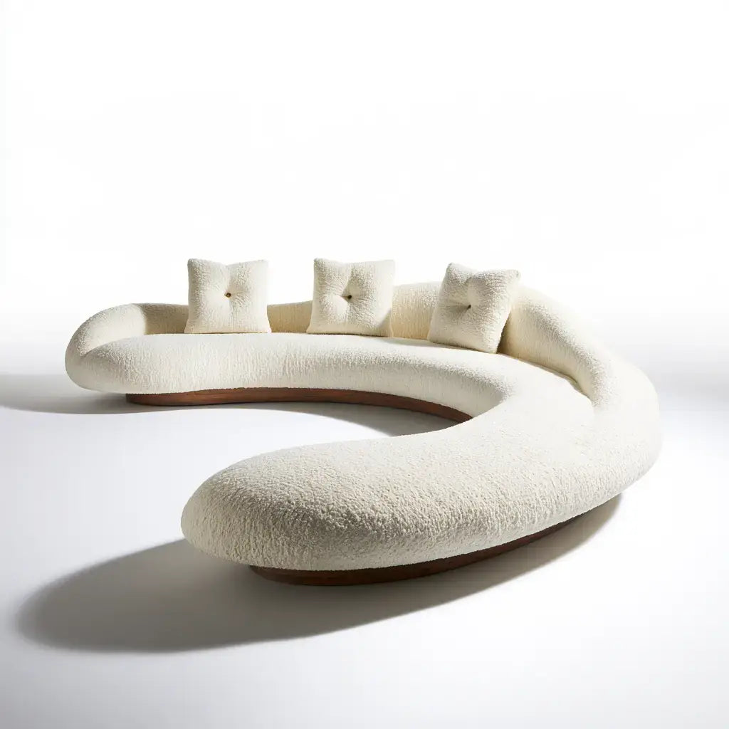 Beige semicircular curved sofa by Ovendraq with plush cushions and modern design, perfect for stylish living room seating.