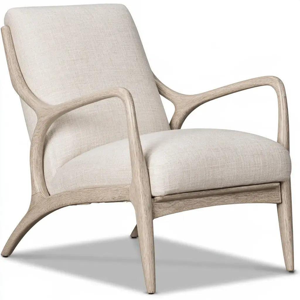 Beige Ovendraq armchair with curved armrests and a clear, modern frame, showcasing stylish comfort and contemporary design.