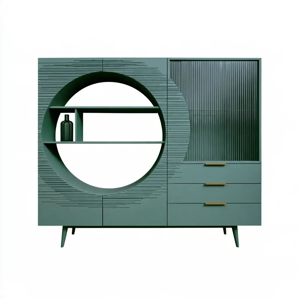 Green Ovendraq best seller armario with circular panel and side drawers, showcasing modern storage design.