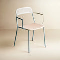 Beige and blue Ovendraq armchair with straight arms and a slim frame, showcasing a modern and sleek furniture design.
