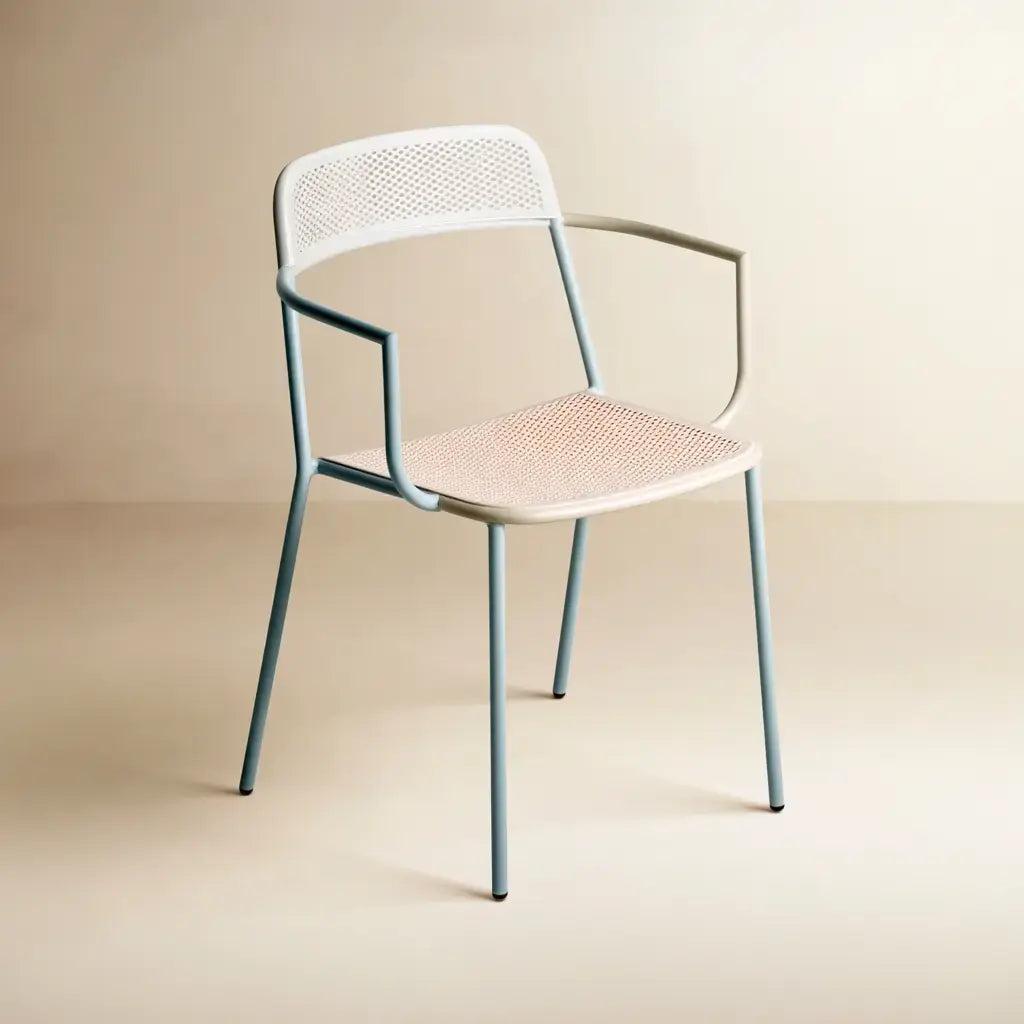 Beige and blue Ovendraq armchair with straight arms and a slim frame, showcasing a modern and sleek furniture design.