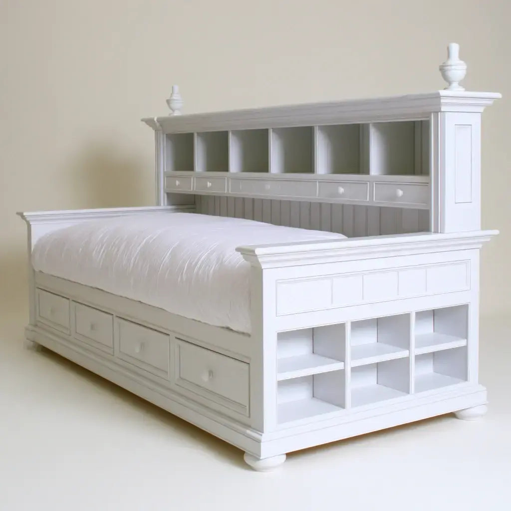 White bed with built-in shelf headboard and compartmented base, featuring modern design by Ovendraq.
