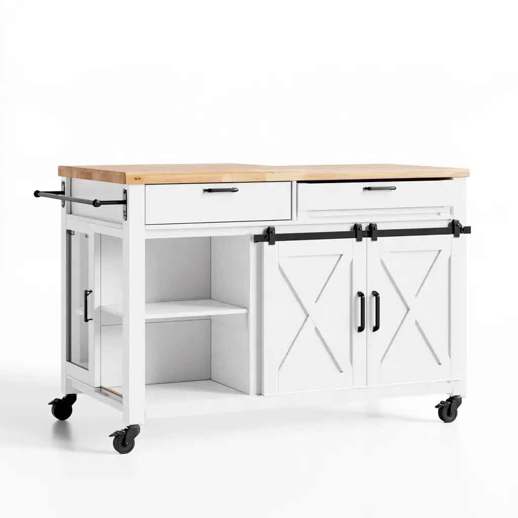 White and beige kitchen island with drawers and cross-pane doors, stylish and functional by Ovendraq.