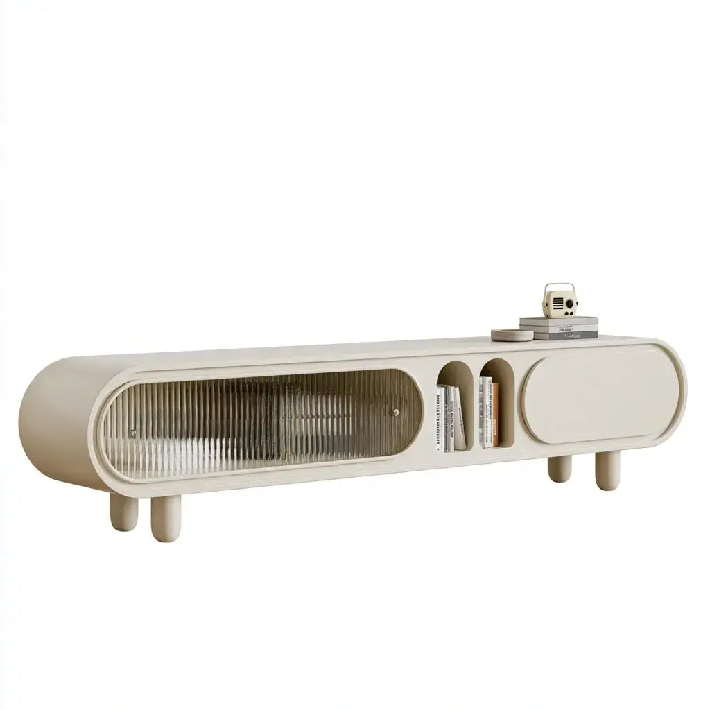 Beige ovendraq collection sideboard with oval-shaped outline and open front design, showcasing modern furniture style.