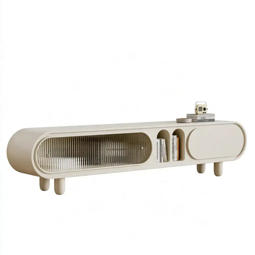 Beige ovendraq collection sideboard with oval-shaped outline and open front design, showcasing modern furniture style.