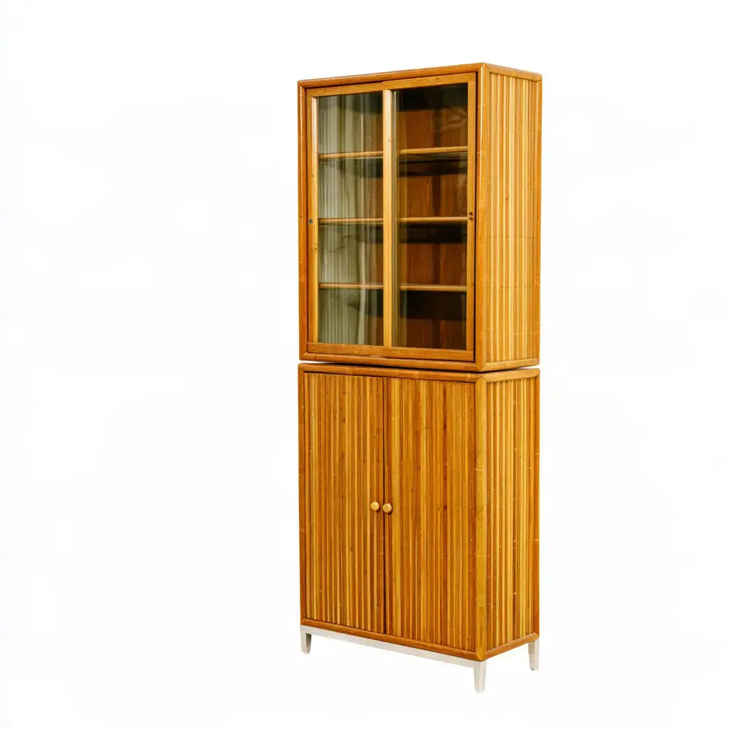 Brown narrow display cabinet with doors from Ovendraq featuring a sleek, modern design for stylish storage.