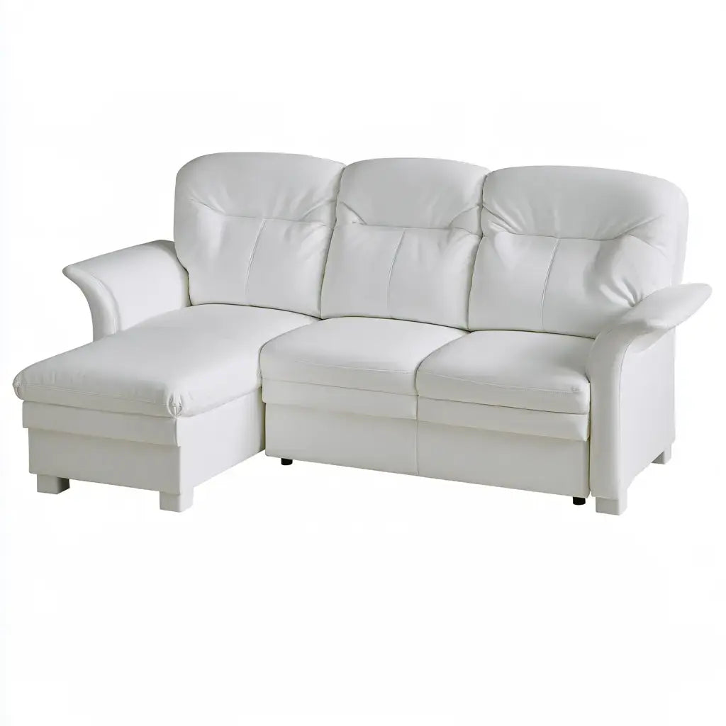 White ovendraq sofa with a long seat and plush cushions, showcasing a comfortable and modern living room furniture piece.