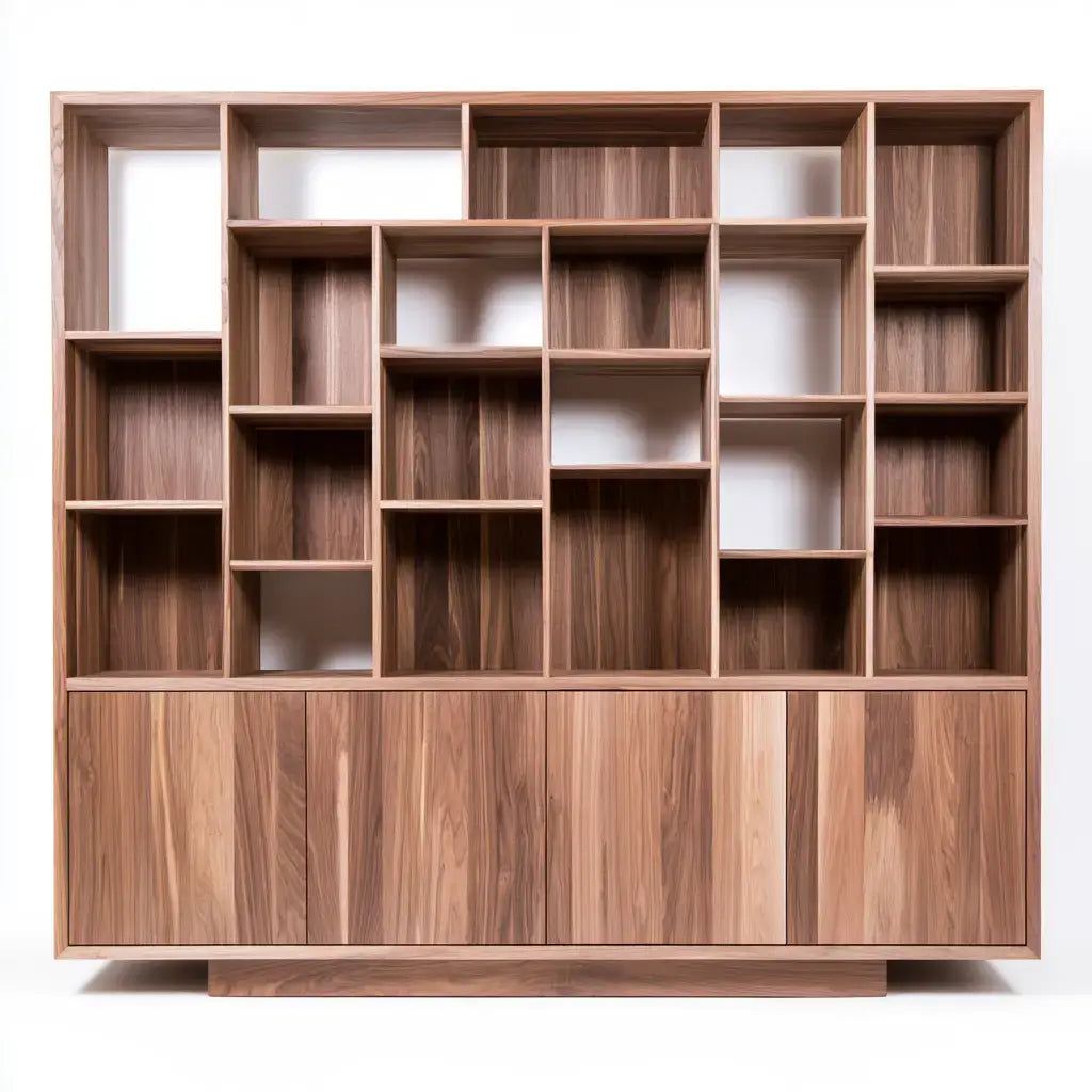 Brown Ovendraq new arrival shelving unit with multiple niches and low doors for versatile storage and organization.
