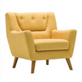Yellow button-tufted armchair with straight arms and upholstered back, stylish and comfortable for modern living spaces.