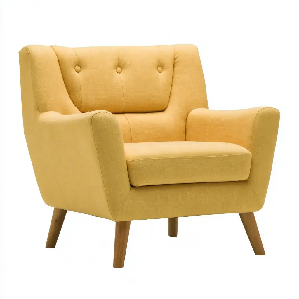 Yellow button-tufted armchair with straight arms and upholstered back, stylish and comfortable for modern living spaces.