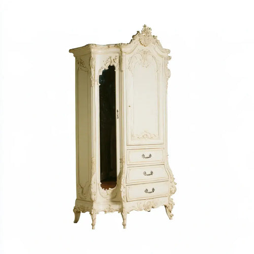 Beige vertical mirror wardrobe with ornate moldings by Ovendraq, showcasing elegant design and reflective surface.