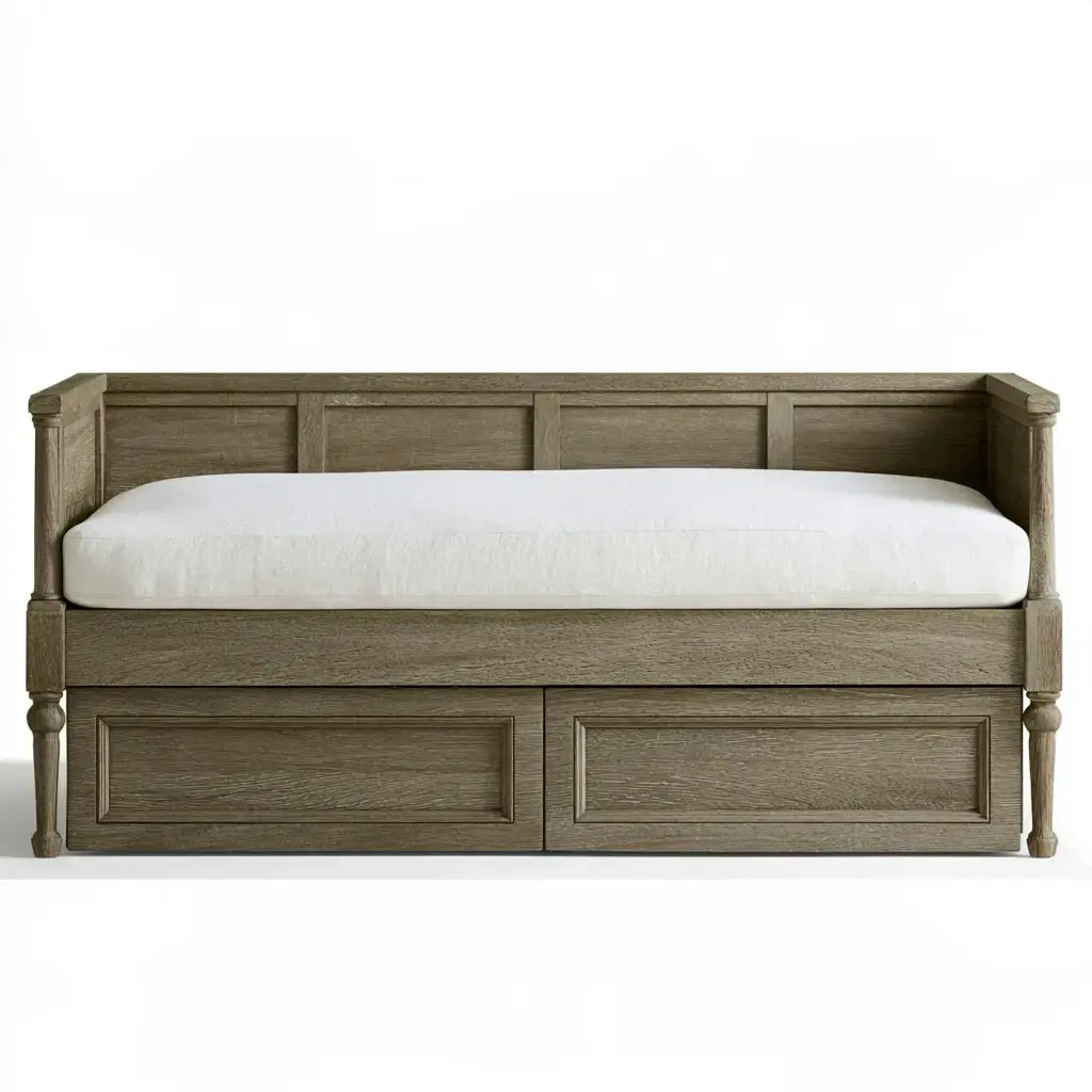 Best Seller Ovendraq gray and beige upholstered storage bench with molded backrest and low drawers for seating and organization.