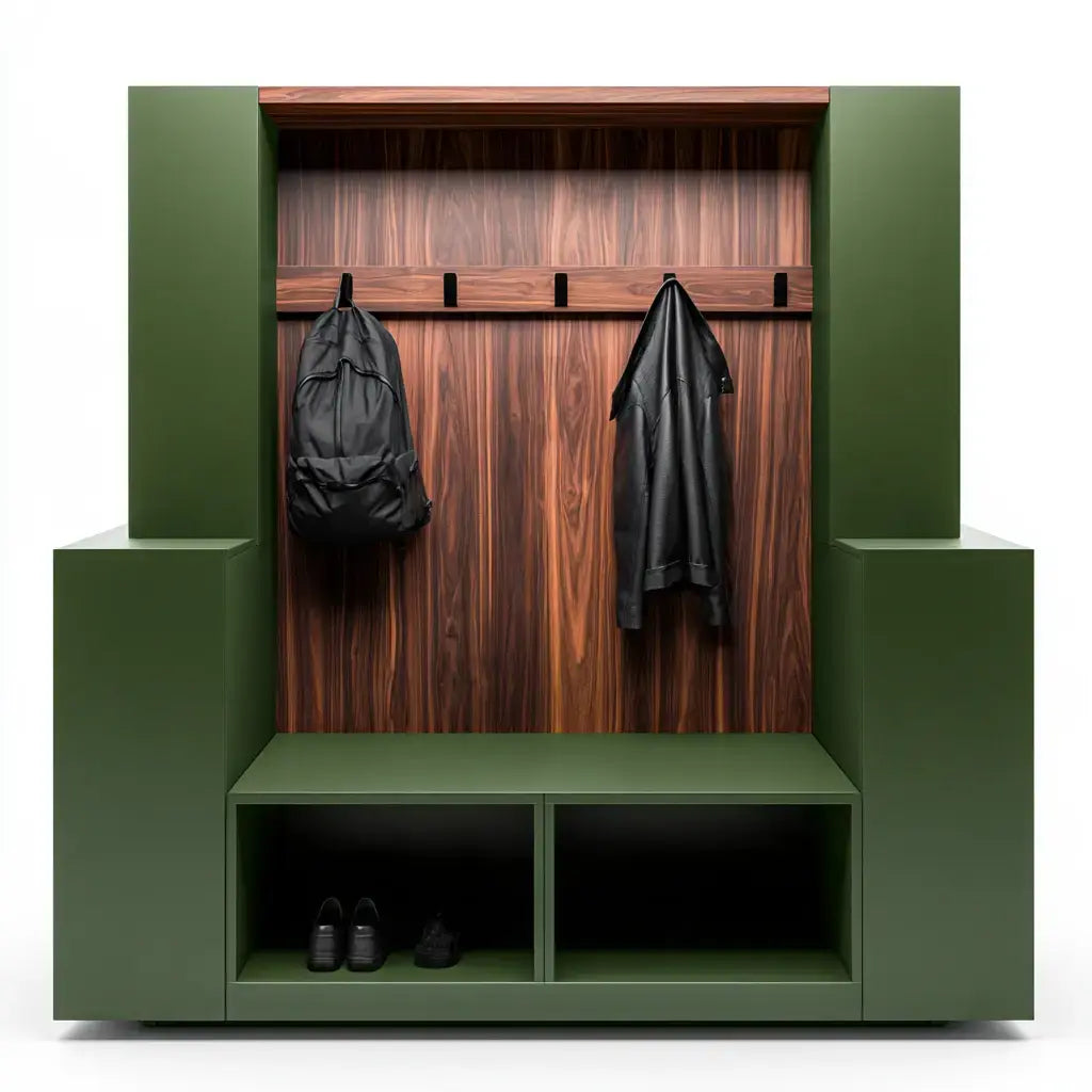 Best Seller Ovendraq entryway furniture with hooks, bench, and storage niches in green and brown, featuring a modern design.