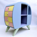 Colorful curved dresser with multiple drawers in blue, pink, and yellow by ovendraq, featuring a sleek modern design.