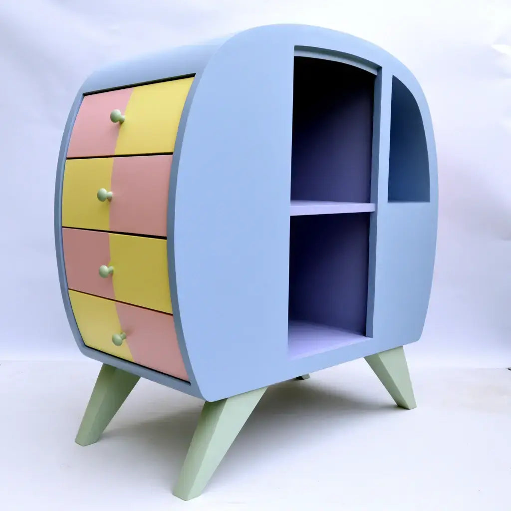 Colorful curved dresser with multiple drawers in blue, pink, and yellow by ovendraq, featuring a sleek modern design.