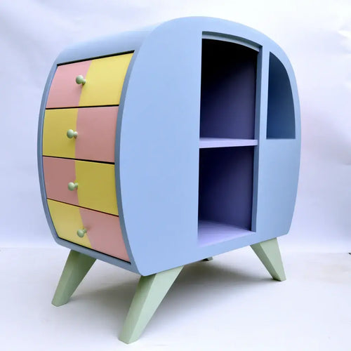 Colorful curved dresser with multiple drawers in blue, pink, and yellow by ovendraq, featuring a sleek modern design.
