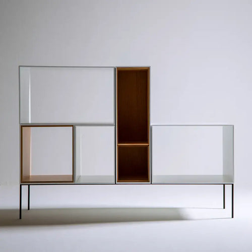 Ovendraq Collections white and brown modular sideboard with raised modules and clear fronts, modern and stylish storage unit.
