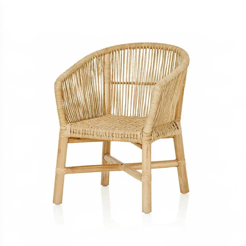 Beige woven-back chair with curved arms by Ovendraq, featuring a stylish and comfortable design for modern interiors.