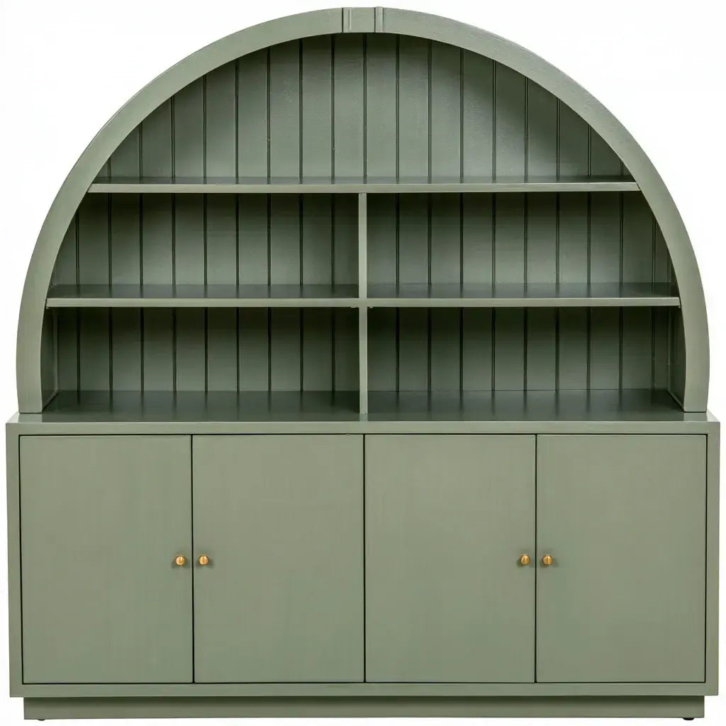 Ovendraq green sideboard with semicircular top and low doors, featuring elegant design and smooth finish.