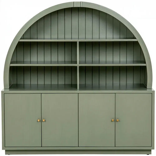 Ovendraq green sideboard with semicircular top and low doors, featuring elegant design and smooth finish.