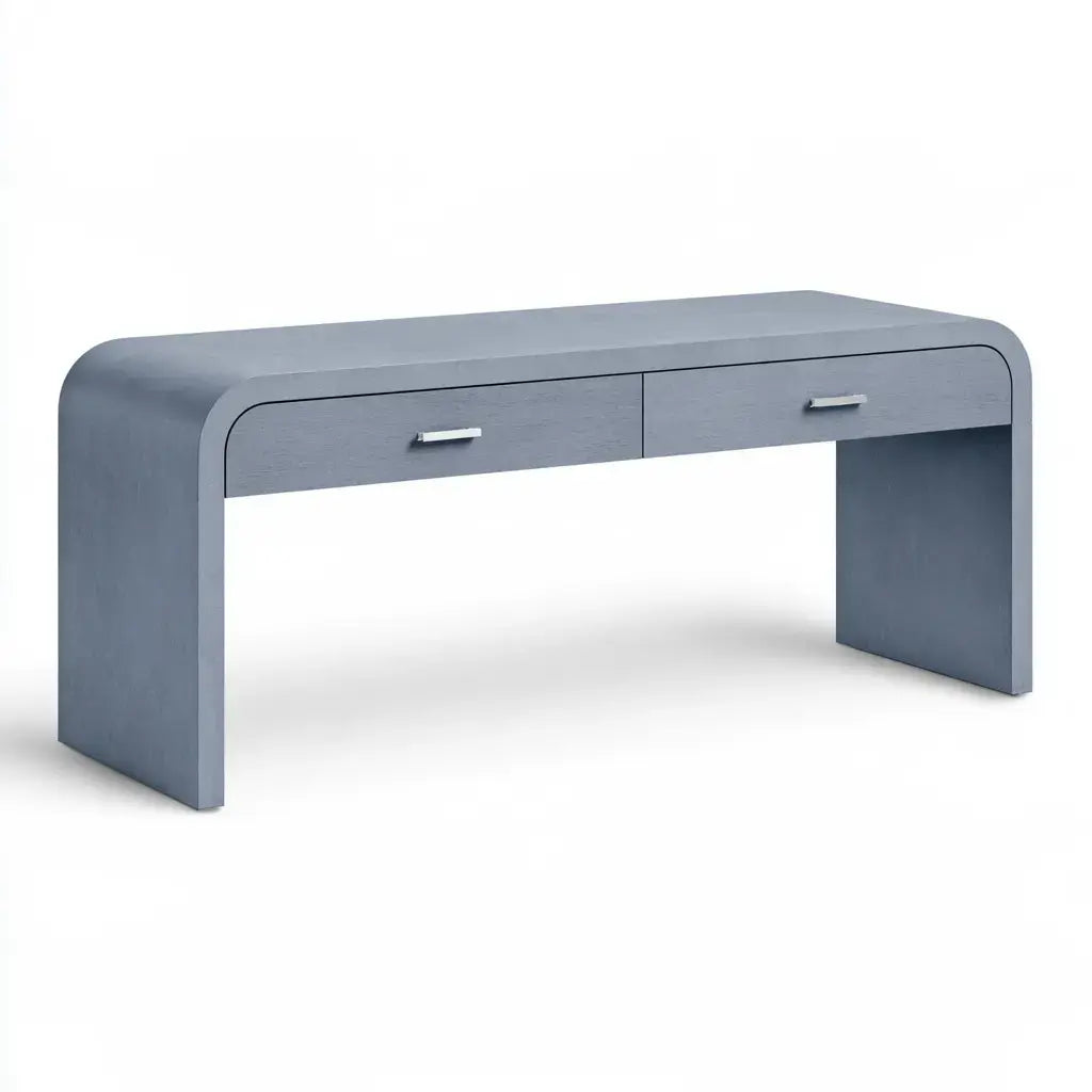 Gray Ovendraq console with rounded corners and drawers, showcasing a modern furniture design in a well-lit setting.