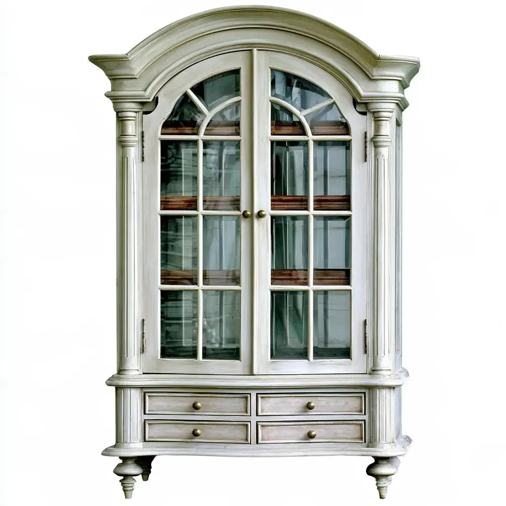 Green Ovendraq best seller vitrina with ornamental top and lower drawers, showcasing elegant storage and decorative design.