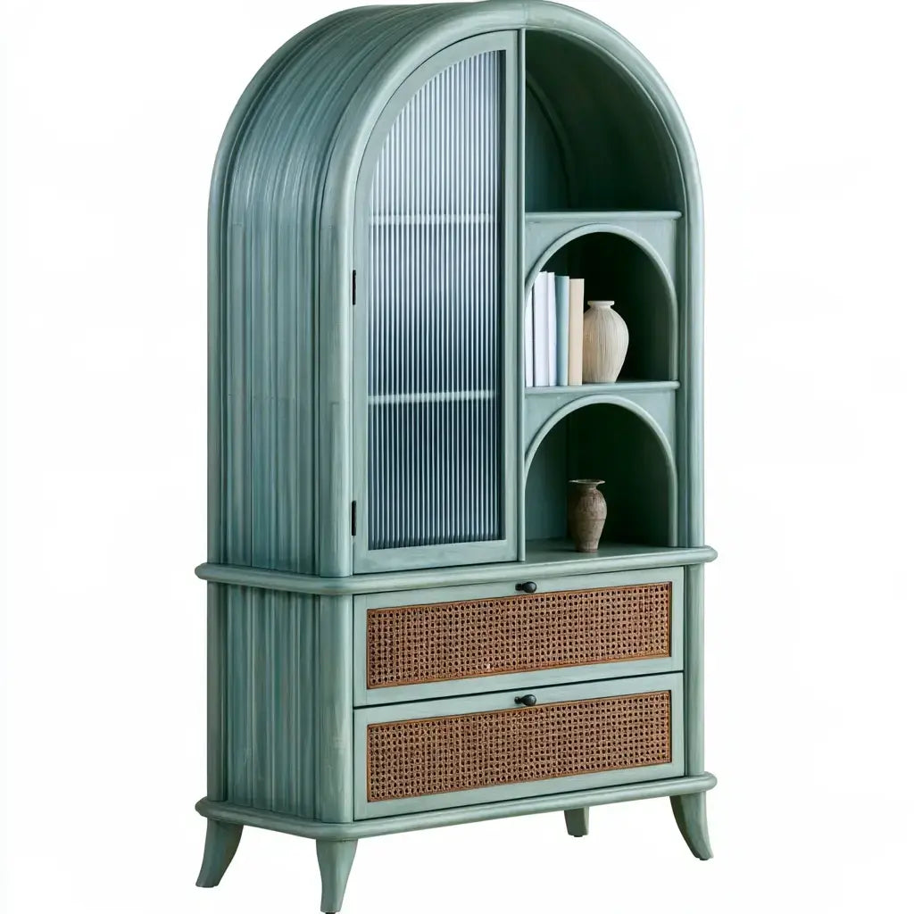 Green and beige vitrina with arched top and woven drawers from Ovendraq Collections, showcasing a stylish storage cabinet.